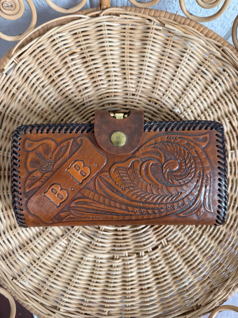 Vintage Hand-Tooled Leather Monogrammed Wallet Organizer